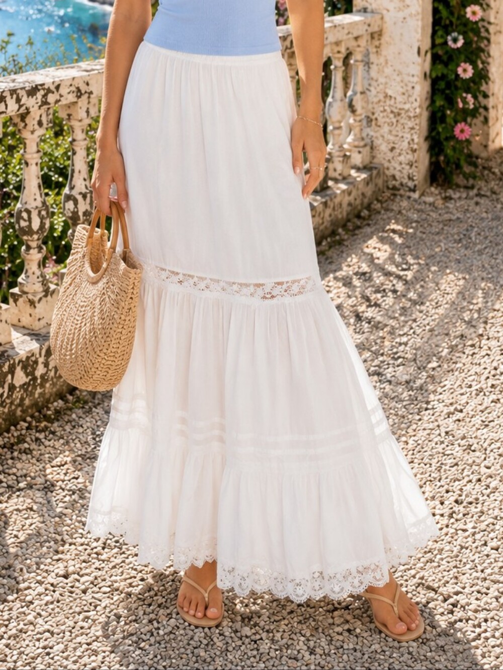 White Boho Lace Trim Maxi Skirt Small Beach  Summer Midi Old Money Stitch And Pi - Picture 2 of 8